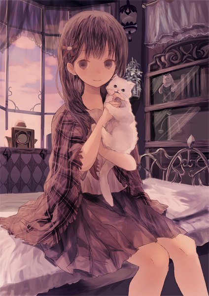 Anime picture 1536x2172 with original iijima masashi single long hair tall image looking at viewer blush smile brown hair sitting holding cloud (clouds) indoors head tilt black eyes fang (fangs) girl uniform hair ornament plant (plants)