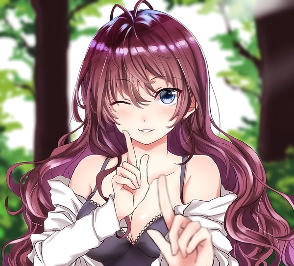Anime picture 1024x926 with idolmaster idolmaster cinderella girls ichinose shiki hamu (plot sy) single long hair looking at viewer blush fringe breasts open mouth blue eyes light erotic smile hair between eyes brown hair large breasts bare shoulders cleavage upper body