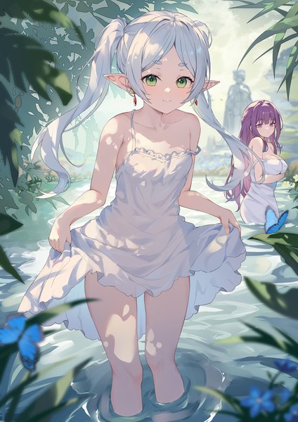 Anime picture 1158x1638 with sousou no frieren frieren fern (sousou no frieren) hokori sakuni long hair tall image looking at viewer breasts light erotic smile standing purple eyes twintails multiple girls green eyes silver hair purple hair outdoors pointy ears partially submerged