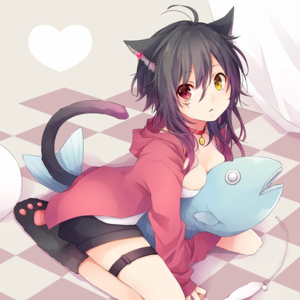 Anime picture 800x800 with original kuroi (liar-player) single looking at viewer short hair light erotic black hair red eyes sitting animal ears yellow eyes ahoge tail parted lips animal tail from above cat ears cat girl cat tail leaning