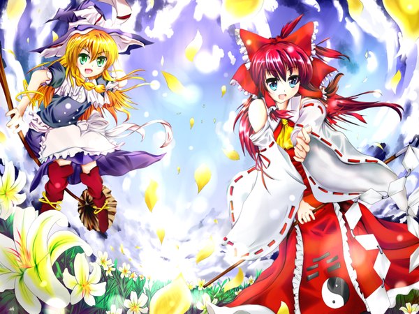 Anime picture 1600x1200 with touhou hakurei reimu kirisame marisa kal (pixiv) girl