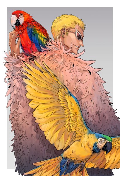 Anime picture 1228x1795 with one piece toei animation donquixote doflamingo tekishiki ryuu single tall image short hair blonde hair smile looking away profile from behind teeth framed boy animal bird (birds) feather (feathers) sunglasses parrot