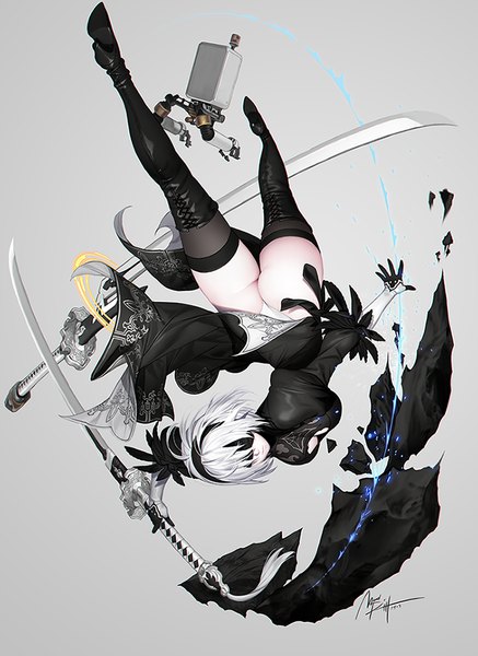 Anime picture 700x961 with nier nier:automata yorha no. 2 type b pod (nier:automata) mandrill tall image fringe short hair light erotic simple background signed full body ahoge ass white hair looking back grey background mole high heels cleavage cutout
