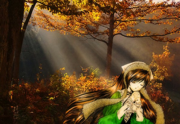 Anime picture 1132x780 with rozen maiden suiseiseki oscarsama single brown hair outdoors very long hair sunlight autumn praying soft beauty girl dress plant (plants) tree (trees) headdress forest