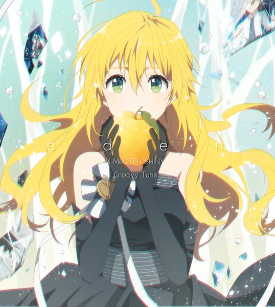 Anime picture 800x891 with idolmaster hoshii miki eunram single long hair tall image looking at viewer fringe blonde hair hair between eyes holding green eyes ahoge copyright name tears covered mouth girl dress gloves black gloves
