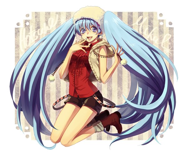 Anime picture 1093x900 with vocaloid hatsune miku long hair open mouth blue eyes smile twintails blue hair nail polish sleeveless kneeling striped jumping striped background girl shorts cap