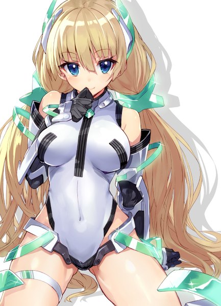Anime picture 1062x1472 with expelled from paradise angela balzac shirabi single long hair tall image looking at viewer blush blue eyes light erotic simple background blonde hair white background sitting twintails shadow low twintails girl gloves black gloves