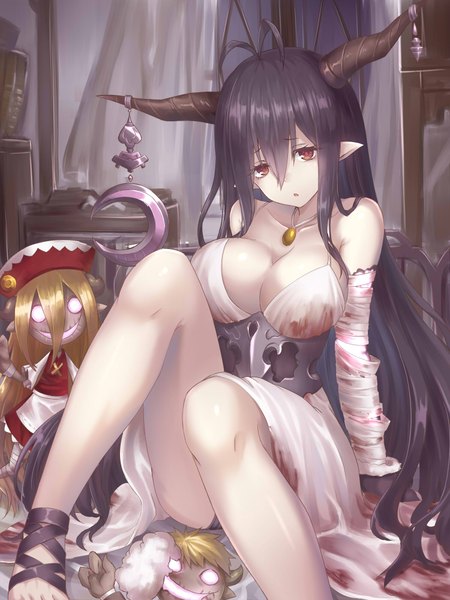 Anime picture 1500x2000 with granblue fantasy danua hansel (granblue fantasy) gretel (granblue fantasy) oukawa yuu single long hair tall image looking at viewer fringe breasts light erotic black hair hair between eyes red eyes large breasts sitting bare shoulders cleavage horn (horns)