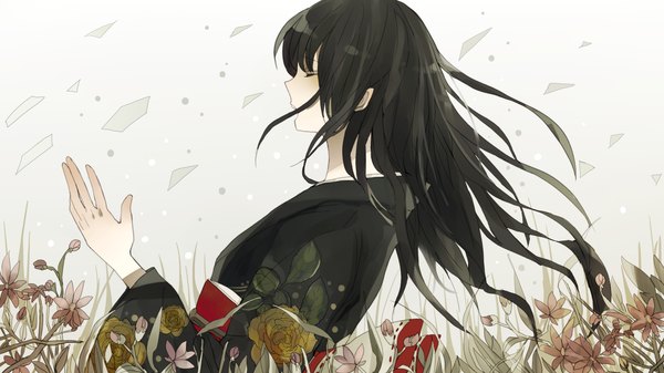 Anime picture 1600x900 with original komachi (artist) single long hair open mouth black hair wide image eyes closed japanese clothes girl flower (flowers) kimono