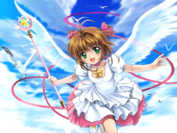 Anime picture 1600x1200 with card captor sakura clamp kinomoto sakura mutsuki (moonknives) single looking at viewer blush fringe short hair open mouth brown hair holding green eyes sky cloud (clouds) short sleeves two side up happy spread arms flying