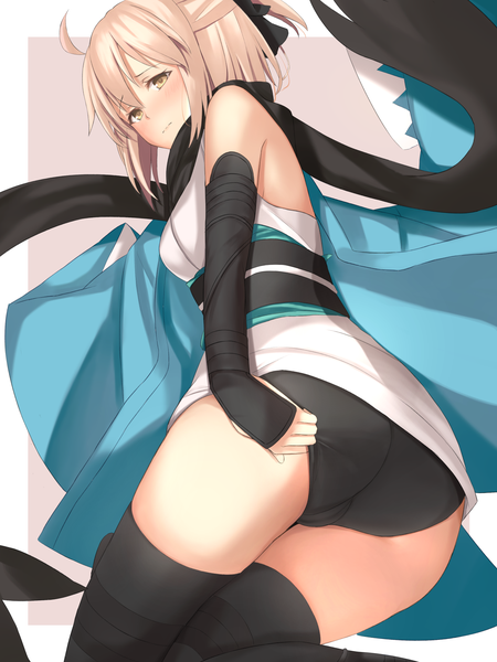 Anime picture 1350x1800 with fate (series) fate/grand order studio deen okita souji (fate) (all) okita souji (koha-ace) maosame single tall image looking at viewer blush fringe short hair breasts light erotic simple background blonde hair hair between eyes bare shoulders yellow eyes ahoge