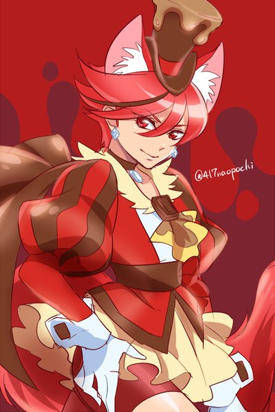 Anime picture 666x1000 with precure kirakira precure a la mode toei animation kenjou akira cure chocolat 0417nao single tall image looking at viewer fringe short hair smile hair between eyes red eyes signed animal ears red hair tail animal tail puffy sleeves