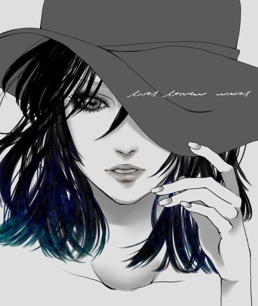 Anime picture 2154x2551 with original hal (suck it) single tall image looking at viewer highres short hair open mouth black hair simple background multicolored hair inscription grey background grey eyes monochrome girl hat headdress hand