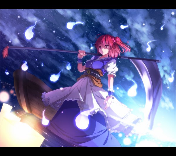 Anime picture 1200x1063 with touhou onozuka komachi ryosios single short hair red eyes cloud (clouds) red hair night night sky letterboxed girl dress weapon belt star (stars) scythe watercraft boat soul