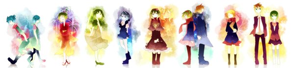 Anime picture 2361x551 with vocaloid kimi he (vocaloid) kagamine rin kagamine len gumi omutatsu short hair blue eyes blonde hair smile wide image multiple girls green eyes eyes closed japanese clothes profile aqua eyes green hair aqua hair multiple boys