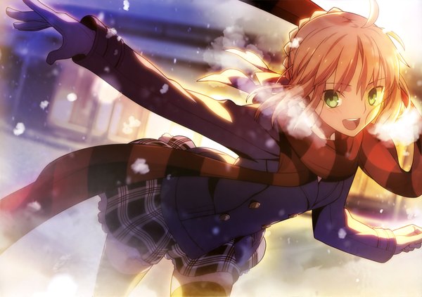Anime picture 4095x2887 with fate (series) type-moon artoria pendragon (all) saber takeuchi takashi single looking at viewer blush highres short hair open mouth blonde hair smile green eyes absurdres :d scan official art light snowing