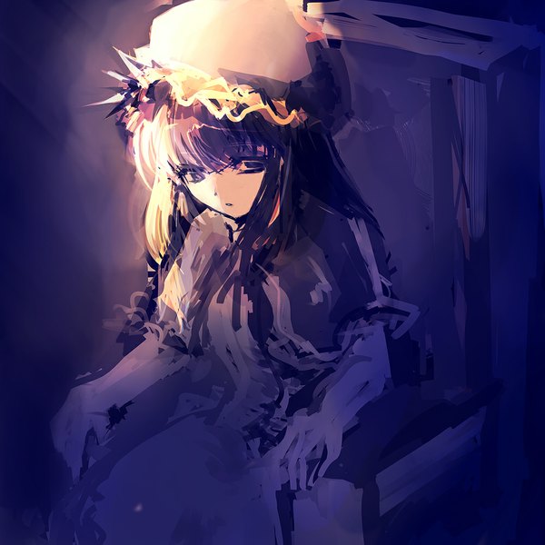 Anime picture 1000x1000 with touhou patchouli knowledge mark (abenyugu) single long hair looking at viewer sitting purple eyes purple hair light girl bonnet armchair