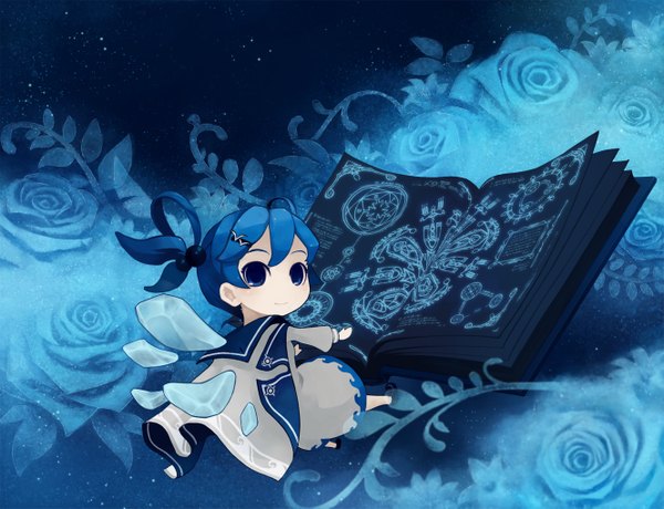 Anime picture 1329x1019 with original haruno (artist) single looking at viewer short hair blue eyes blue hair light smile blue background chibi girl hair ornament wings hairclip rose (roses) book (books) blue rose