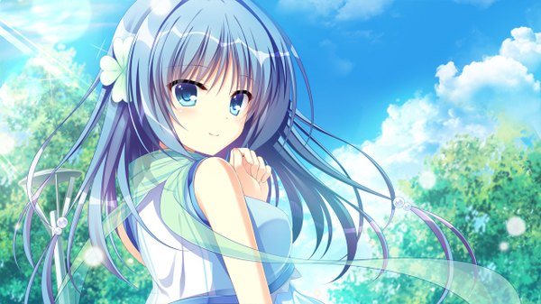 Anime picture 1280x720 with d.s. -dal segno- circus (studio) ame (d.s. -dal segno-) tanihara natsuki single long hair blush fringe breasts blue eyes wide image large breasts blue hair looking away game cg sky cloud (clouds) upper body outdoors light smile