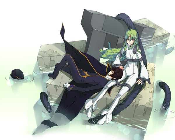 Anime picture 1280x1024 with code geass sunrise (studio) c.c. lelouch lamperouge long hair fringe short hair black hair sitting yellow eyes lying eyes closed green hair wind girl boy tagme