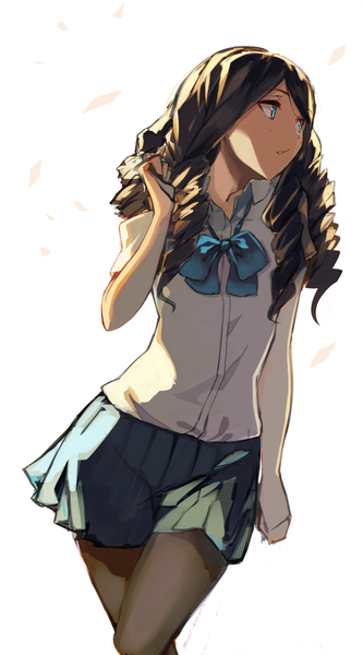 Anime picture 666x1200 with original fujita (condor) single long hair tall image blue eyes simple background brown hair white background looking away pleated skirt drill hair walking girl skirt uniform school uniform shirt petals pantyhose