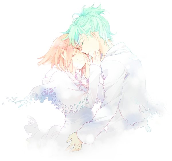 Anime picture 1600x1500 with uta no prince-sama a-1 pictures nanami haruka (uta no prince-sama) mikaze ai karuha short hair simple background smile white background yellow eyes eyes closed green hair orange hair aqua hair open clothes open jacket couple hug tears happy