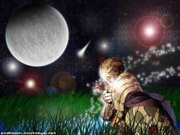 Anime picture 1600x1200 with ragnarok online crusader single short hair brown hair signed night night sky third-party edit shooting star boy plant (plants) earrings armor moon star (stars) grass full moon shield