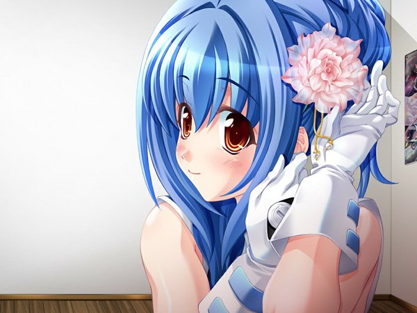 Anime picture 1024x768 with nega0 faso long hair blue hair game cg hair flower orange eyes girl hair ornament