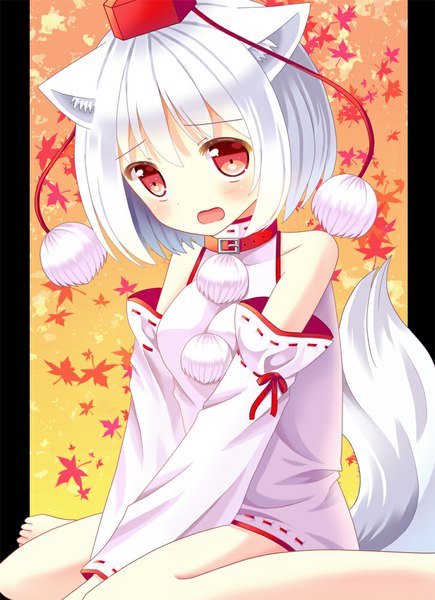 Anime picture 725x1000 with touhou inubashiri momiji hazakura satsuki single tall image looking at viewer short hair open mouth red eyes sitting animal ears silver hair tail animal tail barefoot wolf ears wolf tail wolf girl girl detached sleeves