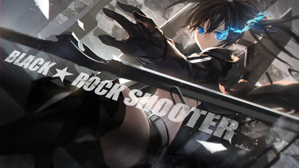 Anime picture 1889x1062 with black rock shooter black rock shooter (character) swd3e2 single long hair looking at viewer highres blue eyes black hair wide image signed inscription copyright name outstretched arm glowing glowing eye (eyes) uneven twintails girl gloves weapon