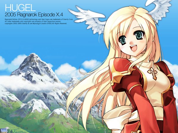 Anime picture 1024x768 with ragnarok online high priest tagme (artist) single long hair open mouth blue eyes blonde hair smile cloud (clouds) upper body outdoors :d wallpaper mountain scenic head wings cropped girl dress