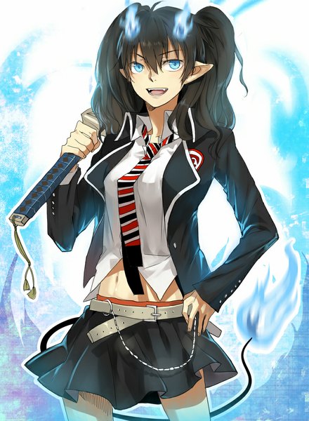Anime picture 800x1090 with ao no exorcist a-1 pictures okumura rin tekla single long hair tall image open mouth blue eyes black hair simple background smile standing white background twintails looking away tail pointy ears open clothes open jacket