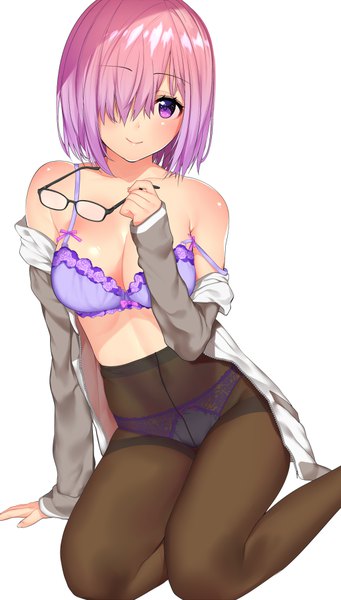 Anime picture 518x909 with fate (series) fate/grand order mash kyrielight matarou (genkai toppa) single tall image looking at viewer fringe breasts light erotic simple background smile white background sitting purple eyes pink hair purple hair bent knee (knees) hair over one eye arm support