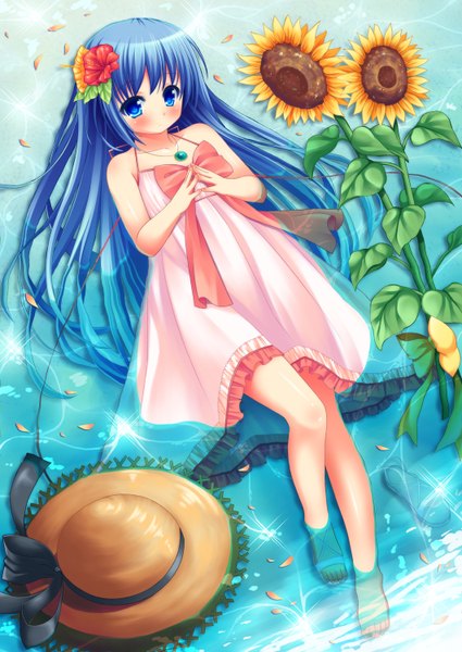 Anime picture 1062x1500 with original nukunuku (hinataboltuko) single long hair tall image looking at viewer blush blue eyes blue hair lying hair flower loli girl hair ornament bow hat petals water pendant sundress