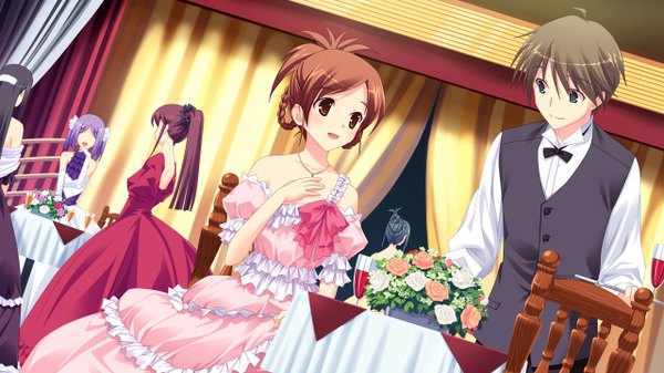 Anime picture 1280x720 with kimi wo aogi otome wa hime ni miyazono hitomi short hair black hair brown hair wide image brown eyes game cg girl dress boy flower (flowers)