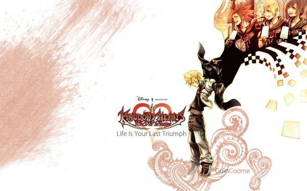 Anime picture 1440x900 with kingdom hearts square enix roxas xion magus axel long hair short hair blonde hair brown hair wide image multiple girls very long hair profile orange hair inscription wallpaper logo girl boy 2 girls