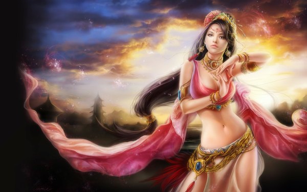 Anime picture 1680x1050 with ahua single long hair black hair wide image sky cloud (clouds) black eyes realistic midriff evening sunset dancing girl navel hair ornament earrings bracelet jewelry arabian clothes