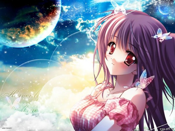Anime picture 1024x768 with quilt (game) airi (quilt) carnelian long hair looking at viewer blush red eyes brown hair twintails bare shoulders light smile wallpaper girl pendant insect butterfly planet