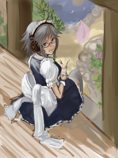 Anime picture 2500x3333 with touhou izayoi sakuya pan!ies (artist) single tall image highres short hair blue eyes sitting absurdres looking back grey hair maid girl bow petals glasses tongue headphones