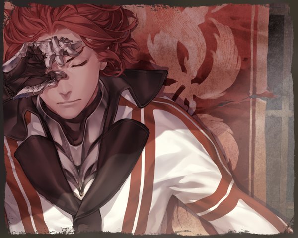 Anime picture 1280x1024 with gensou suikoden gensou suikoden ii seed kaburaya single short hair upper body red hair eyes closed lips border eyebrows framed hand on face torn flag boy gloves armor flag