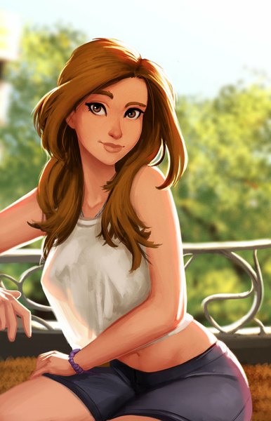 Anime picture 600x931 with carlos eduardo single long hair tall image looking at viewer sitting brown eyes light smile lips orange hair sleeveless eyebrows girl shorts bracelet