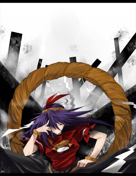 Anime picture 1200x1550 with touhou yasaka kanako kasukazu single long hair tall image fringe red eyes purple hair hair over one eye girl rope