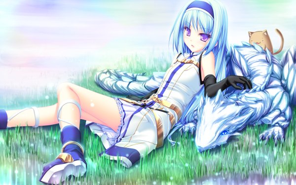 Anime picture 2560x1600 with tenmaso long hair highres wide image purple eyes blue hair lying girl dress gloves plant (plants) elbow gloves boots hairband grass dragon