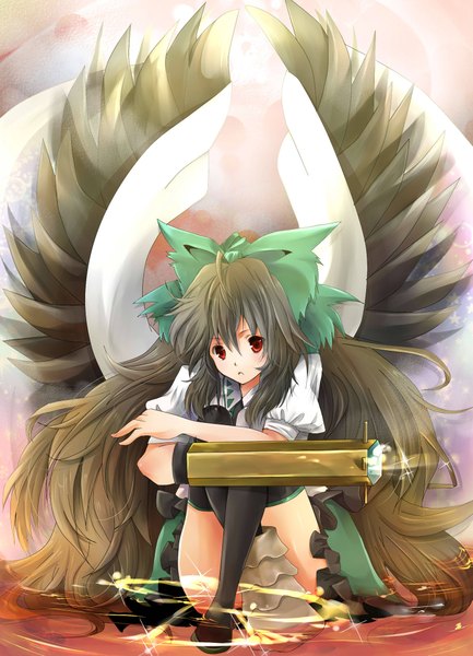 Anime picture 1575x2183 with touhou reiuji utsuho tall image red eyes grey hair girl bow wings