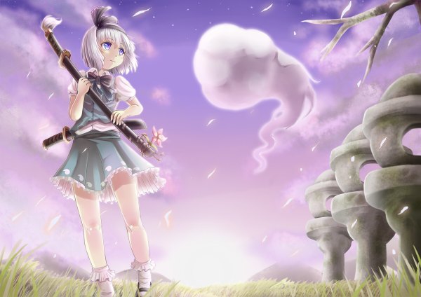 イラスト 1200x848 と 東方 魂魄妖夢 半霊 乃絵のえる ソロ 短い髪 青い目 空 cloud (clouds) white hair ghost 女の子 ドレス スカート 武器 花弁 剣 日本刀 スカートセット