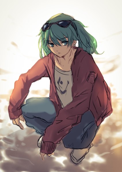 Anime picture 3035x4299 with vocaloid suna no wakusei (vocaloid) hatsune miku kayanogura single long hair tall image fringe highres hair between eyes twintails looking away absurdres full body aqua eyes aqua hair open jacket squat sunglasses on head girl