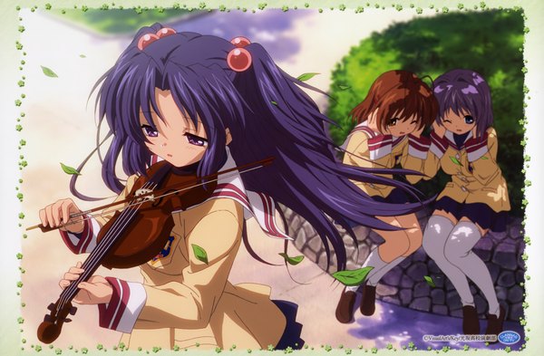 Anime picture 4681x3073 with clannad key (studio) furukawa nagisa ichinose kotomi fujibayashi ryou long hair highres short hair open mouth brown hair sitting purple eyes multiple girls brown eyes purple hair ahoge one eye closed wind wink two side up