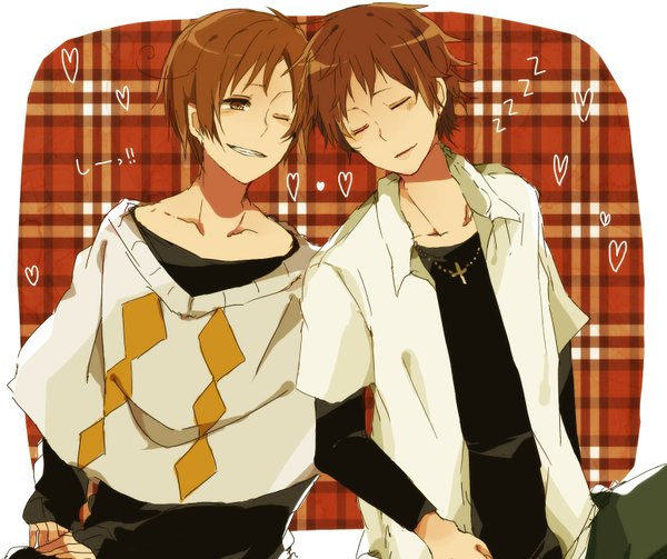 Anime picture 1550x1300 with axis powers hetalia studio deen spain (hetalia) south italy (hetalia) short hair smile brown hair brown eyes eyes closed one eye closed wink multiple boys plaid plaid background boy shirt heart 2 boys sweater cross