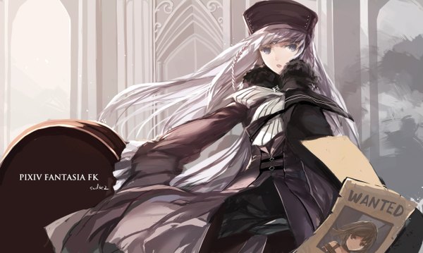 Anime picture 2519x1511 with original pixiv fantasia pixiv fantasia fallen kings swd3e2 single long hair highres open mouth blue eyes wide image silver hair long sleeves wanted girl dress cap