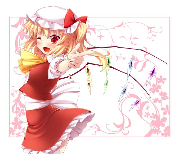 Anime picture 1000x858 with touhou flandre scarlet nullken single blush short hair open mouth blonde hair red eyes one eye closed wink girl skirt wings bonnet skirt set crystal